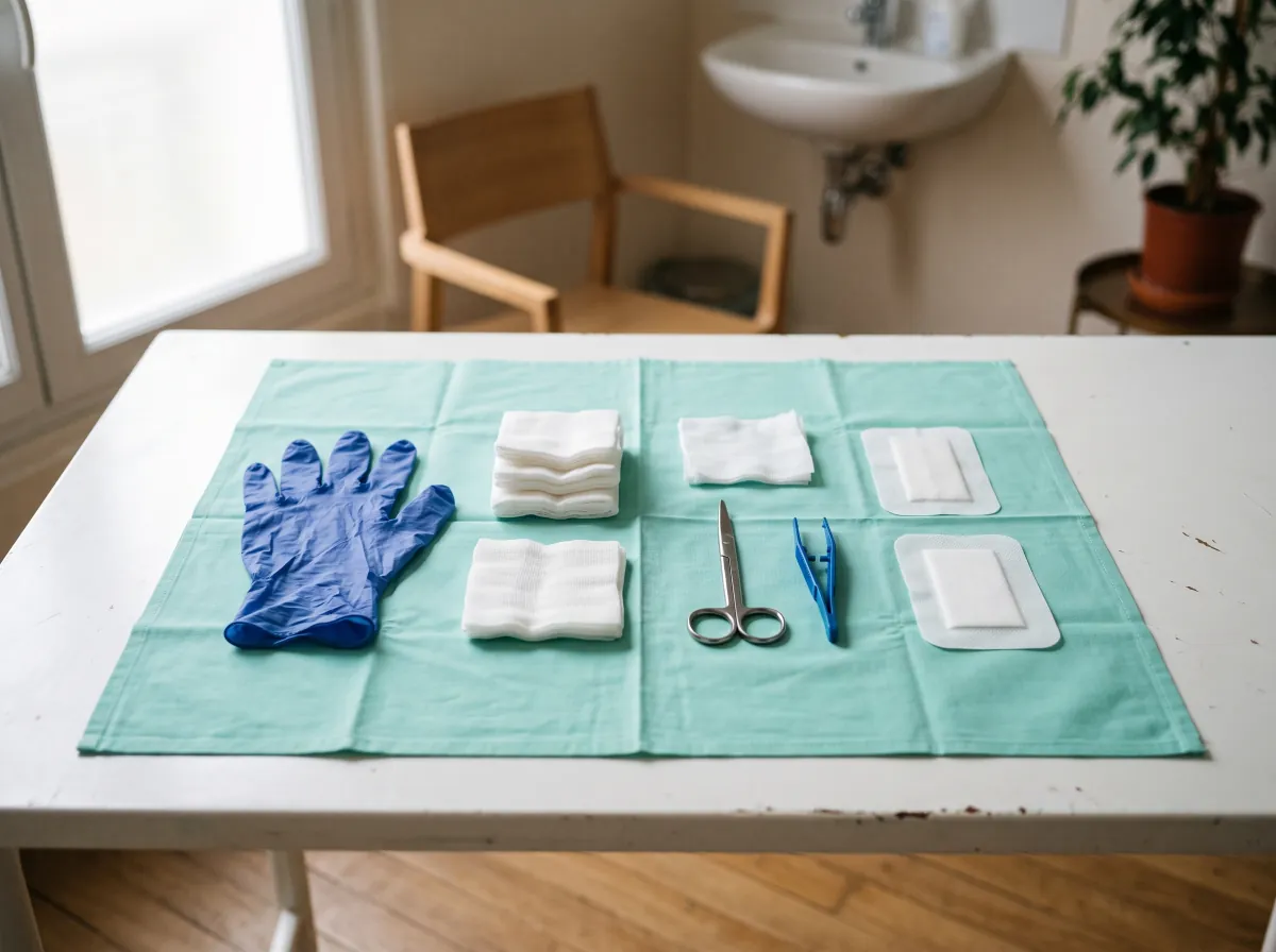 Compresses, pansements et ciseaux d’un set de soins