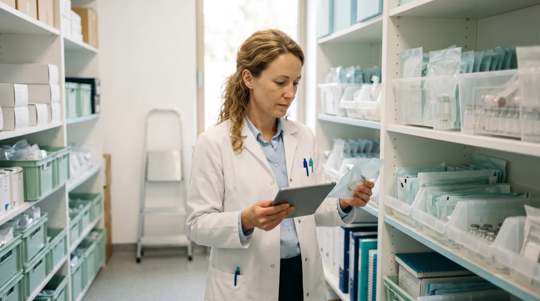 Une pharmacienne contrôle des composants de sets sur tablette
