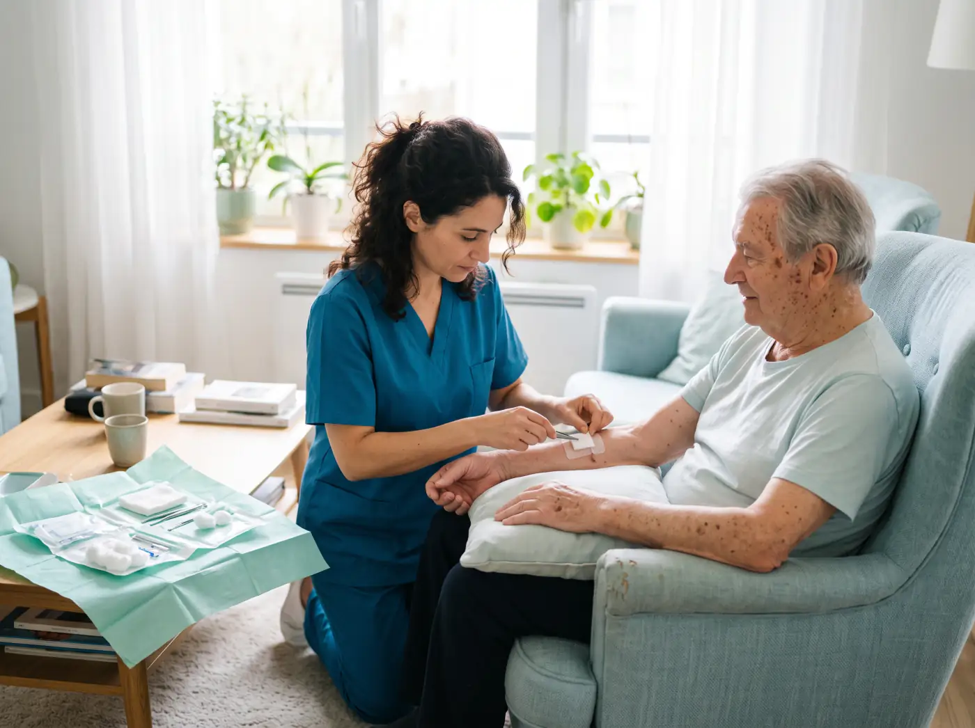 Une infirmière soigne un patient âgé à domicile